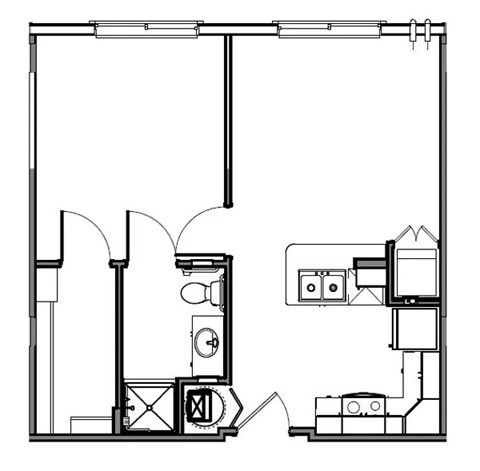Floor plan for 1 bed, 1 bath, 576 sqft